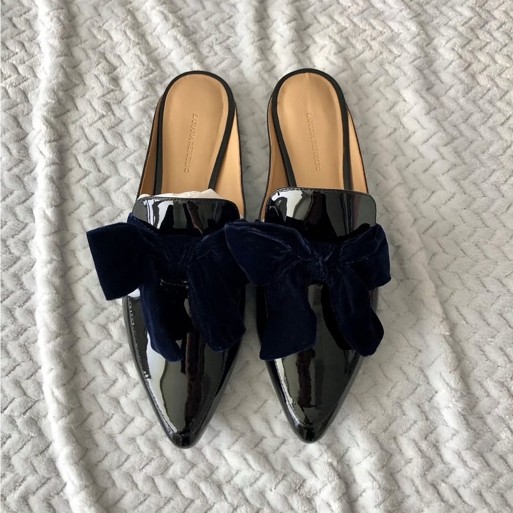 Banana Republic Black Patent Mules with Navy Velvet Bow